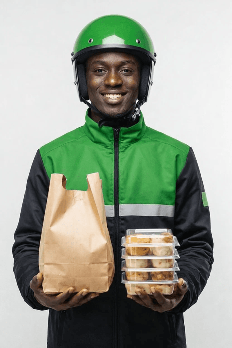 Livreur Yonima en veste verte, casque sur la tête, tenant une commande à Dakar