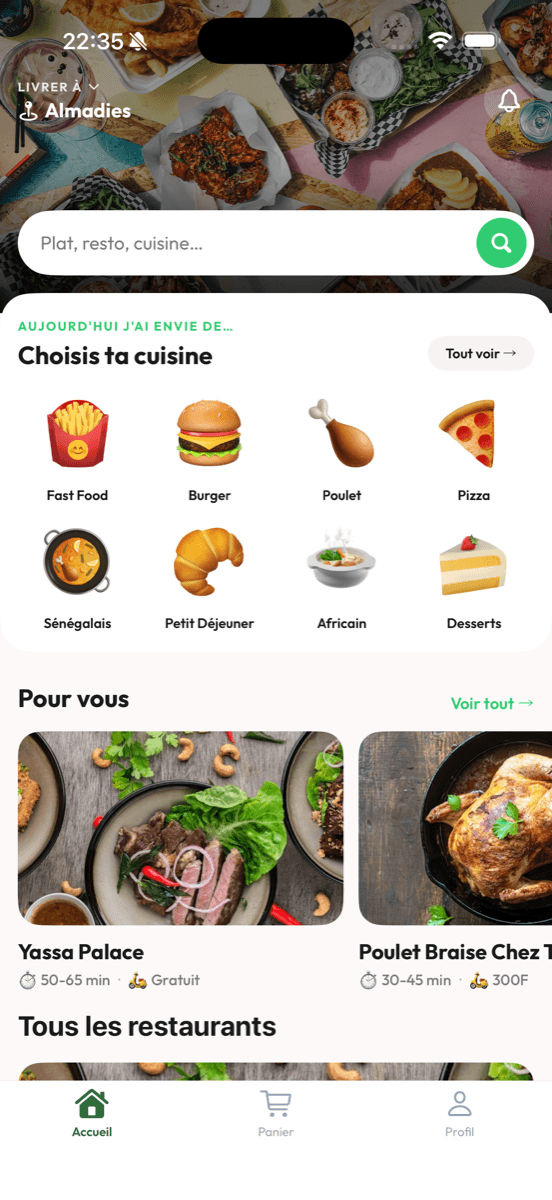 Capture d'écran de l'application Yonima Plus : recherche de restaurants et suivi de commande à Dakar